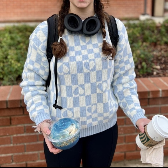 LA Hearts Checker Sweater with Hearts Knit Oversized pastel blue and white XS - Picture 3 of 8